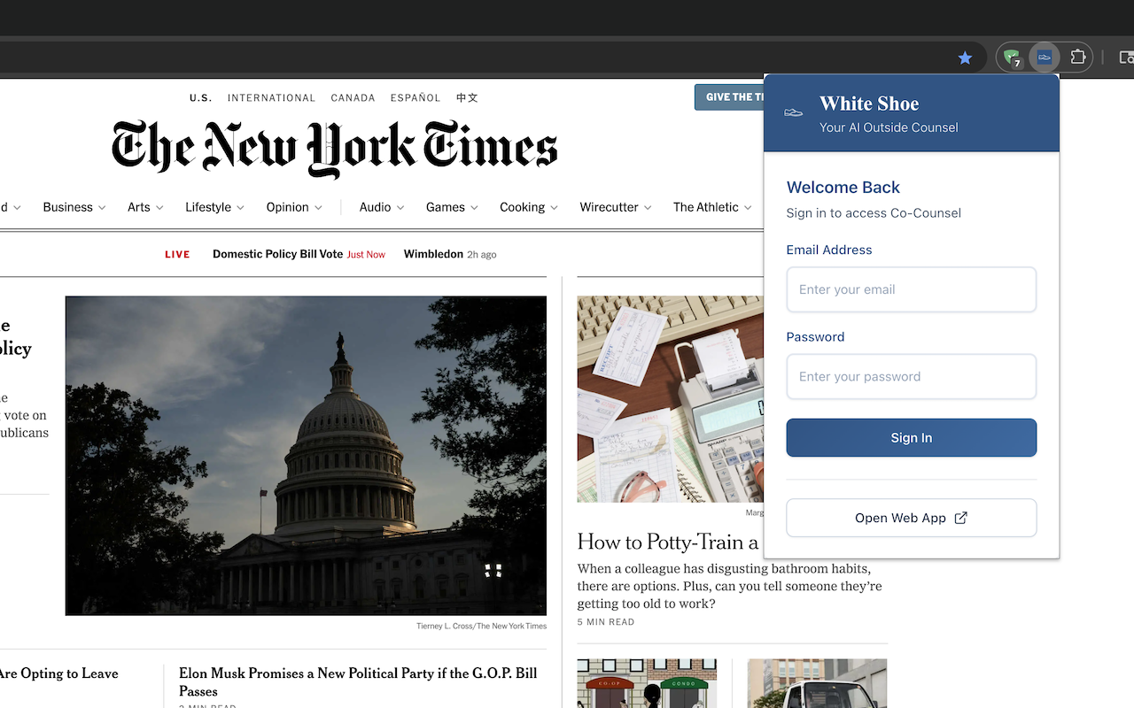 White Shoe Chrome extension analyzing legal documents in browser