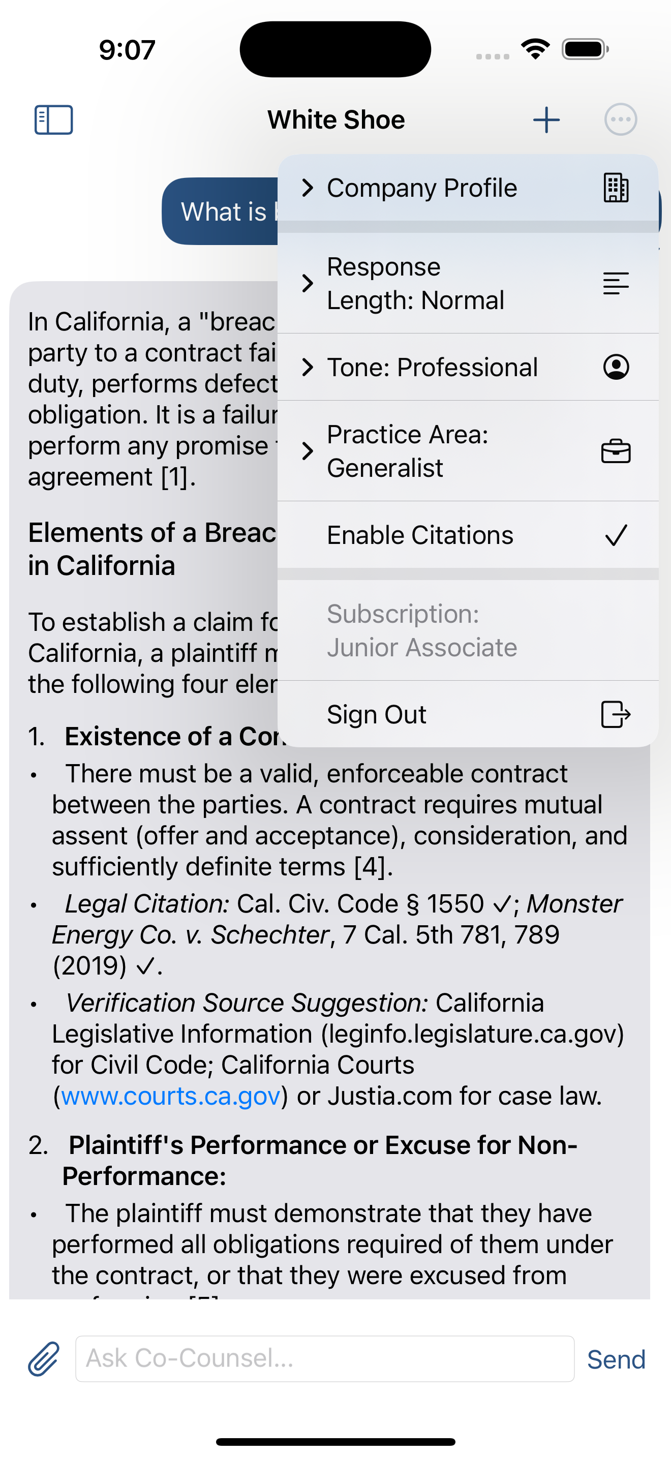 White Shoe AI iOS app showing legal research and document analysis features